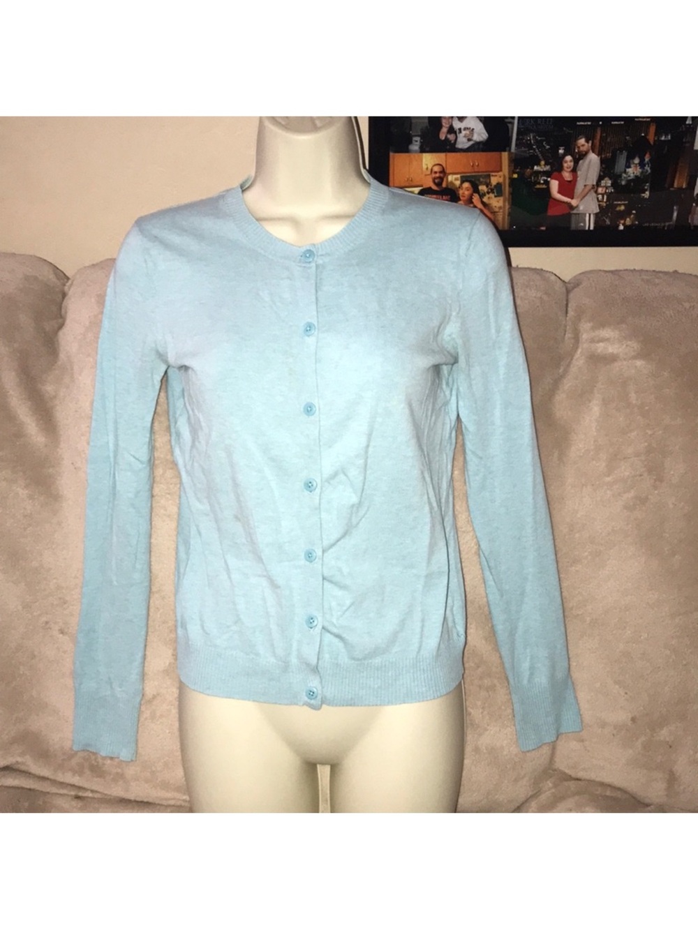 Cherokee brand XS Light Blue Crewneck Button-Up Cardigan stained